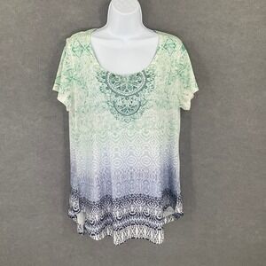 World Unity Ombre Paisley Rhinestone‎ Embellished Tunic Top Womens Sz XL Boho